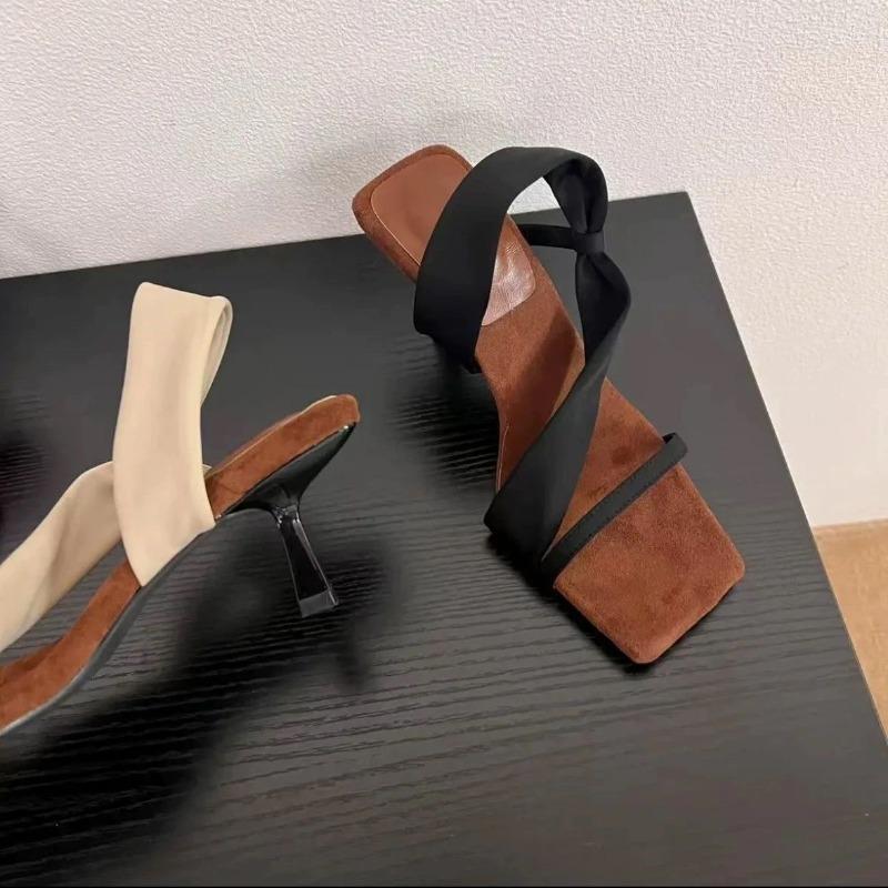 Fashion High-heeled Slippers Women's Design Sense Apricot Wrap-around with Square Toe Stiletto Sandals