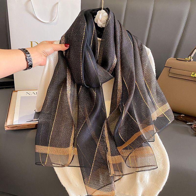 Women's Korean Style Fashionable Silk-like Temperament Scarf Winter Striped Retro High-end Shawl Outer Wear Neck Warmer
