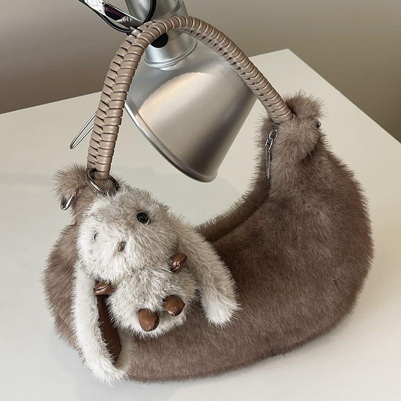 Cute Plush Shoulder Bag Women Soft Faux Fur Crossbody With Zip Card Pocket Urban Minimalist Style