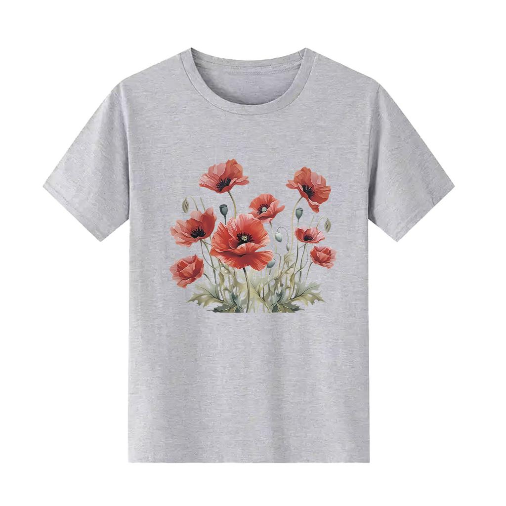 Beautiful flower print short sleeved round neck Womens Tshirt for spring and summer versatile Womens Tshirt