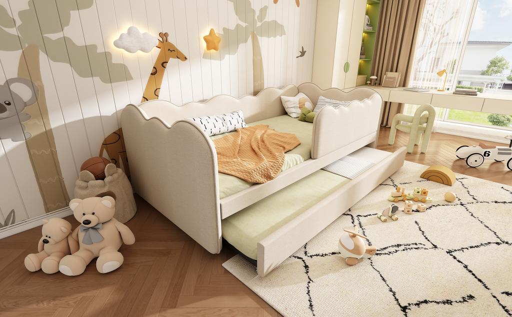 Polsterbett Tagesbett 90x190cm, Tagesbett Schlafsofa mit Ausziehbett 90x190cm, Kinderbett mit Lattenrost, Leinen, Beige, ohne Matratze
