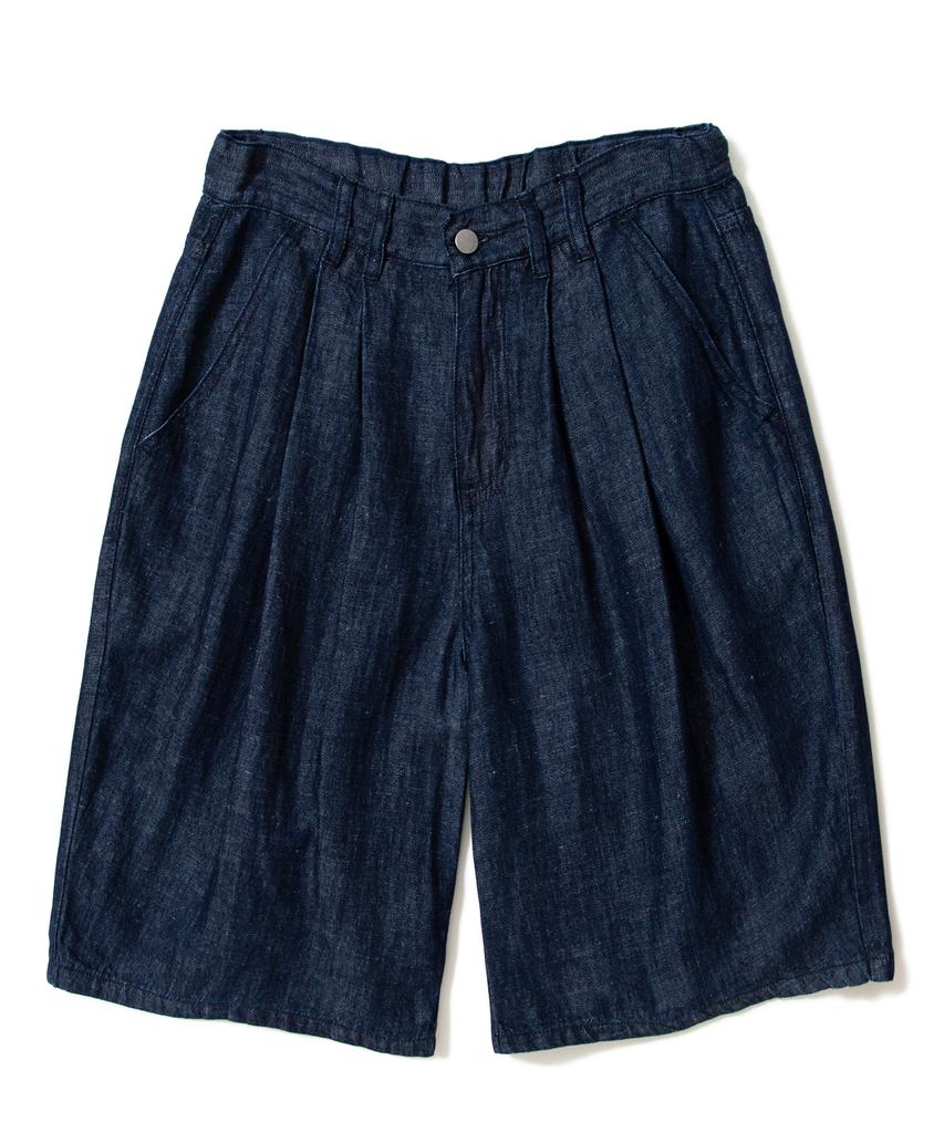AOTT Linen Denim Wide Double-Pleat Bermuda Pants Dark Blue