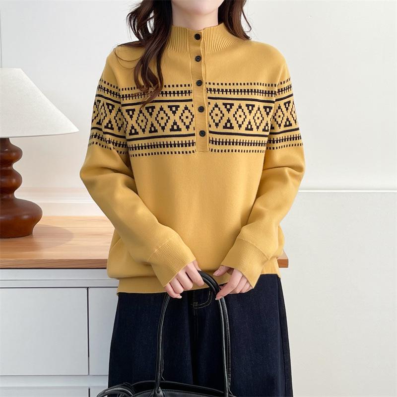 

2025 Winter Plus Size Women s Diamond Pattern Knit Pullover with Half-Open Collar and Long Sleeves, Style 2588 4XL жёлтый