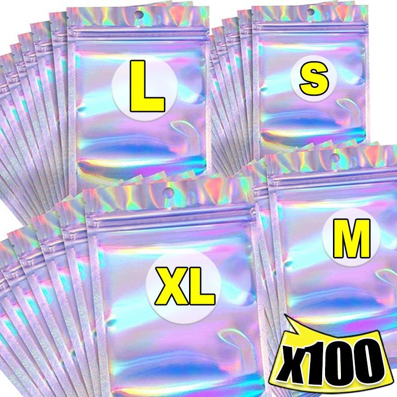 100/10Pcs Rainbow Self Sealing Bags Laser Film Pouches for Food Storage Party Favors Snacks Candies Jewelry Waterproof Bags