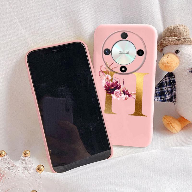 Buchstaben-Handyhülle für Honor X9b X9a Magic5 Lite Magic6 Lite 5G Hülle Retro-Blumen Rosa Schwarz Weiches TPU Initialen Silikon Fundas