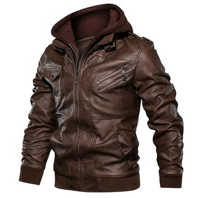Men Leather Jacket Fashion PU Faux Leather Motorcycle Jacket with Removable Hood Autumn Winter Casual Biker Bomber Jacket EU Size