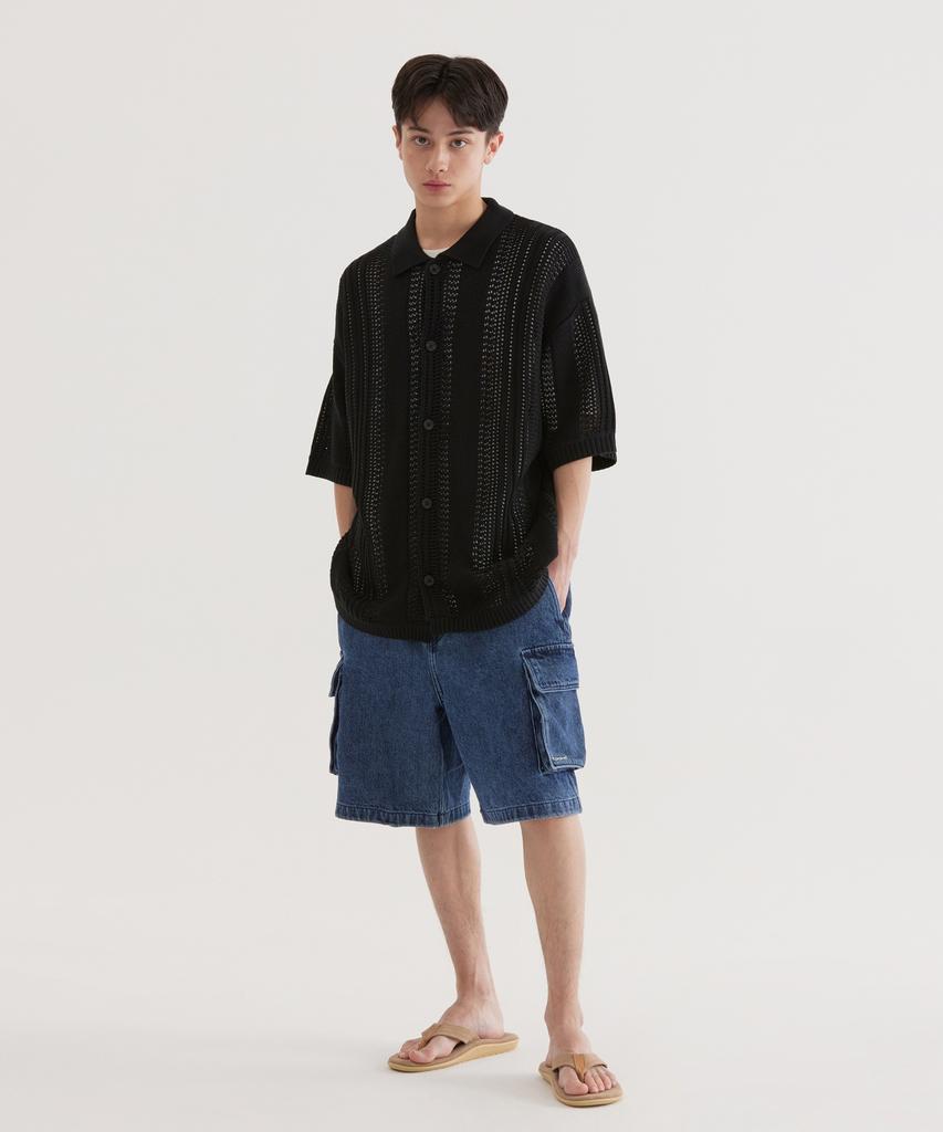 COVERNAT Crochet Half Knit Shirt Black