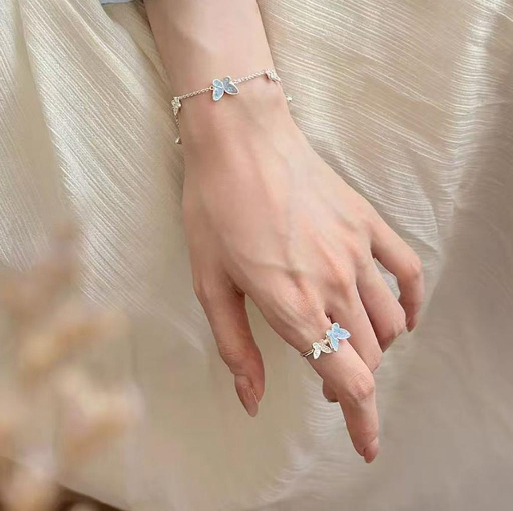 Trendy Blue Color Crystal Butterfly Jewelry Set Adjustable Bracelet Earrings Necklace Ring for Women Handmade Jewelry Gift