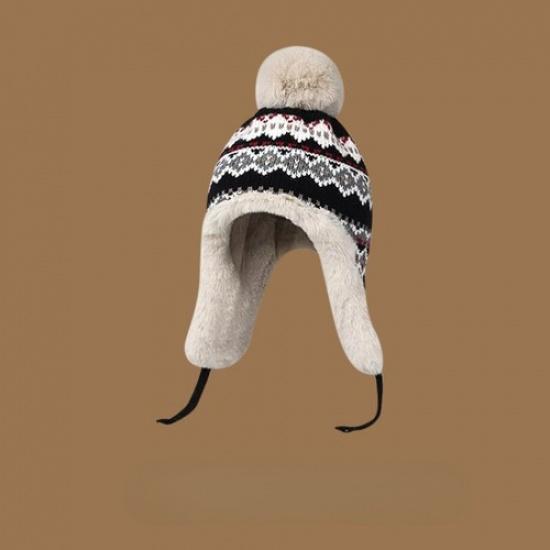 Women Knitted Bobble Hat Furry Inner Ear Flaps with Pompom Ball Winter Outdoor
