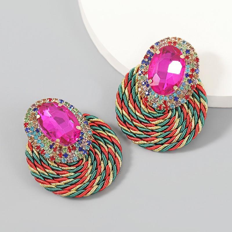 Alloy Rhinestone Oval Glass Stud Earrings Women Stretch Cord Circular Fashion Ear Jewelry In White Green Black Rose Gold
