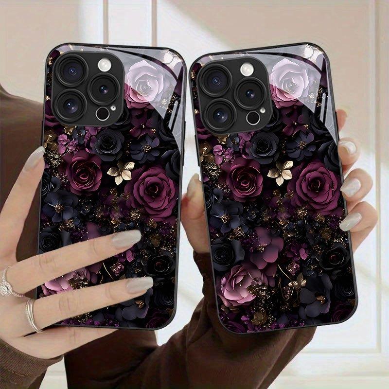 Dark Rose Print Pattern Tempered Glass Phone Case For iPhone 17 16 15 14 13 12 11 Pro Max 17 Air 7 8 Plus XR XS X Cover