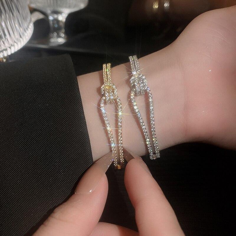 Elegant Zircon Cuff Bracelet Gold Plated Copper Knot Opening Bangle Minimalist Women's Wedding Party Jewelry