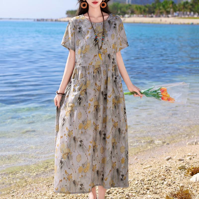 Vintage Print Lange Jurken voor Vrouwen Plus Size Korte Mouw Casual Zomerjurk Elegante Middelbare Leeftijd Dameskleding