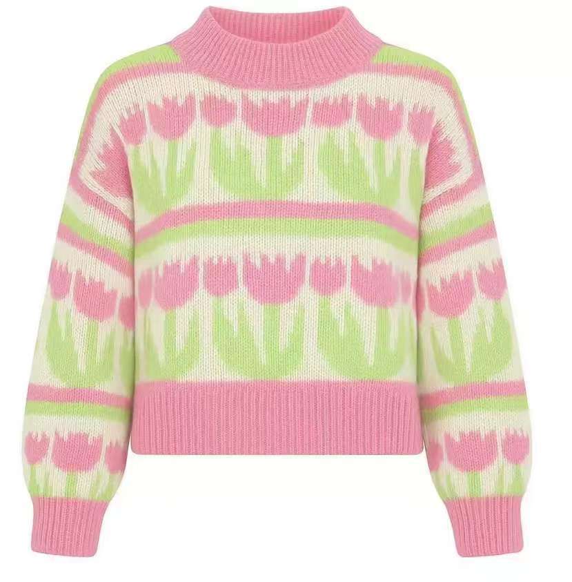 

Loose Fit Heart Jacquard Spring Autumn Pullover Sweater Knitwear for Women Luxurious Relaxed-fit Slimming and Versatile Top S