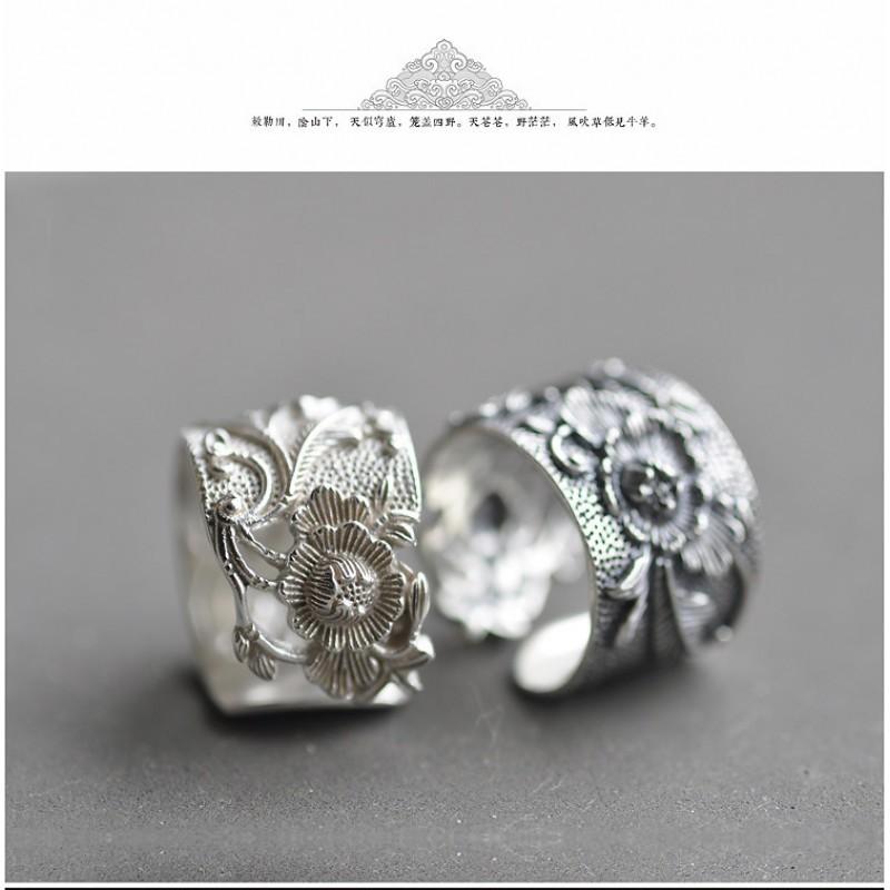 Adjustable Open Ring Men Women Vintage Floral Design With Peony Lotus Motif Plated Wide Band Statement Jewelry