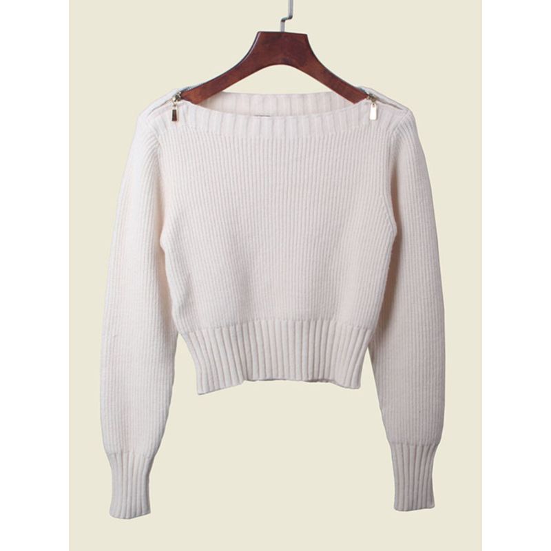 Polish Card off-the-Shoulder Sweater Sweater Fashion Style Export Metal Zipper Waist-Controlled Long Sleeves Autumn and Winter Undershirt