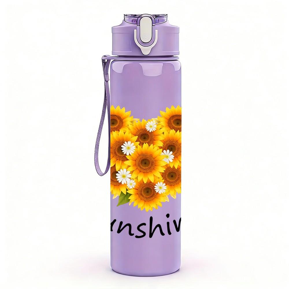 1PC Sunflower Sunshine Heart Art 750ml Color Plastic Sports Water Bottle Leakproof Flip Straw Lid Suitable for Sports Office Home Use