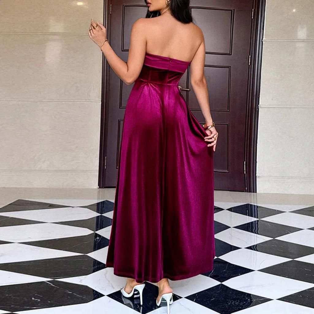 Sexy Strapless Hollow Party Dresses Women Solid Soft Velvet Long Dress Winter Backless Zips A-Line Banquet Dress Vestidos