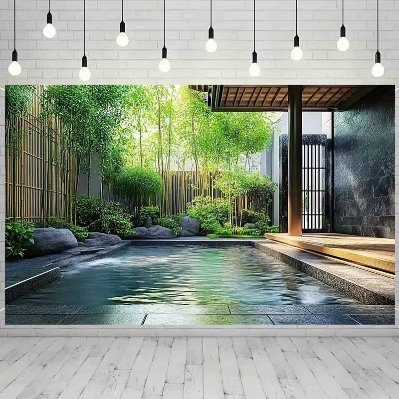 2D Tranquil Spa Pool with Green Bamboo and Stones Background