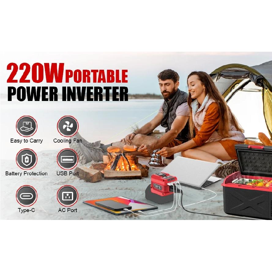 Azocek 220W Portable Power Inverter Compatible with Mil-wau-kee 18V Battery, 18V to AC 110V 4 Output&300LM LED, Inverter for Car