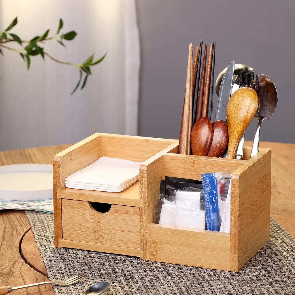 HTB Bamboo Desk Organizer Desk Accessory Storage Box Tabletop Stationery Pen Holder Office Supplies Storage Case Divider Drawer Multifunctional