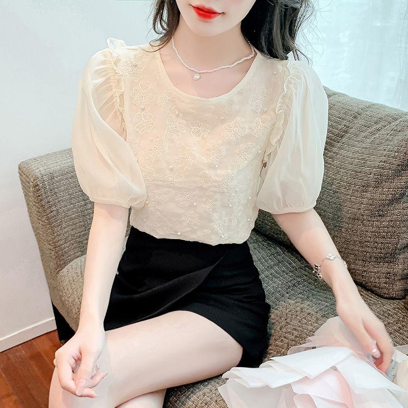 Puff Sleeve Chiffon Shirt Short Sleeve Women's Summer New Chic Beautiful French Unique Temperament Top