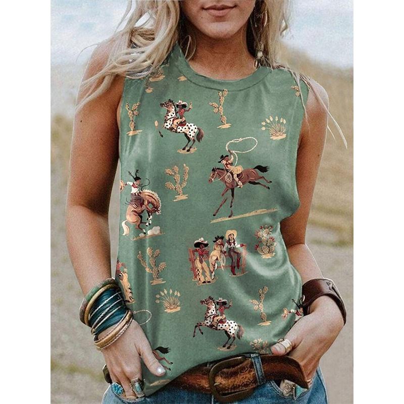 Lady Western-style printed short-sleeved T-shirt, Western style, sleeveless round-neck women's T-shirt