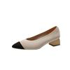 Flying Weaving Spring and Autumn New Wood Grain Thick Heel Pointed Single Shoes Breathable Casual Versatile Single Shoes
