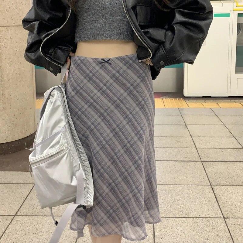 Harajuku Chic Jarní Elegantní Dlouhá sukně Ženy Francouzský kostkovaný retro A-Line Sladké oblečení Dámské Vintage Ležérní Midi sukně s vysokým pasem