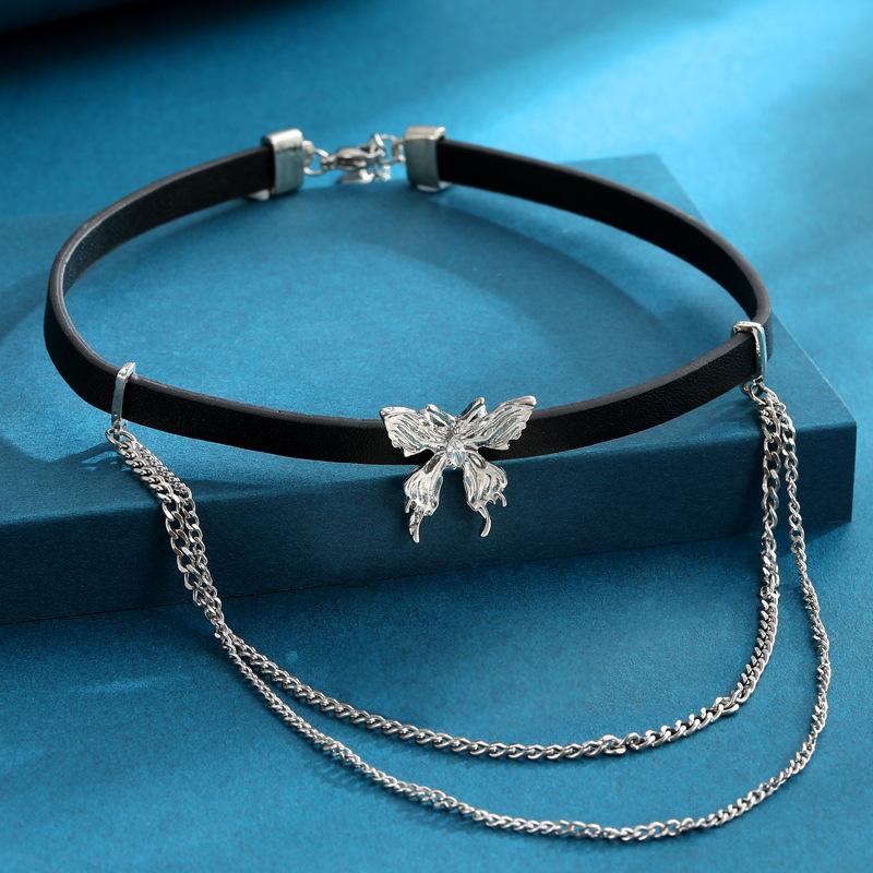 Fashion Tide Three Horizontal Butterfly Leather Neck Chain Double Layer Stacked Necklace Niche Sweet Cool Babes Choker