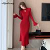 Korean Fashion Autumn Winter Women Sweater Dress Red Black Khaki Hollow Out Knitting Dress Knitted Flare Sleeve Warm Feminine Dress