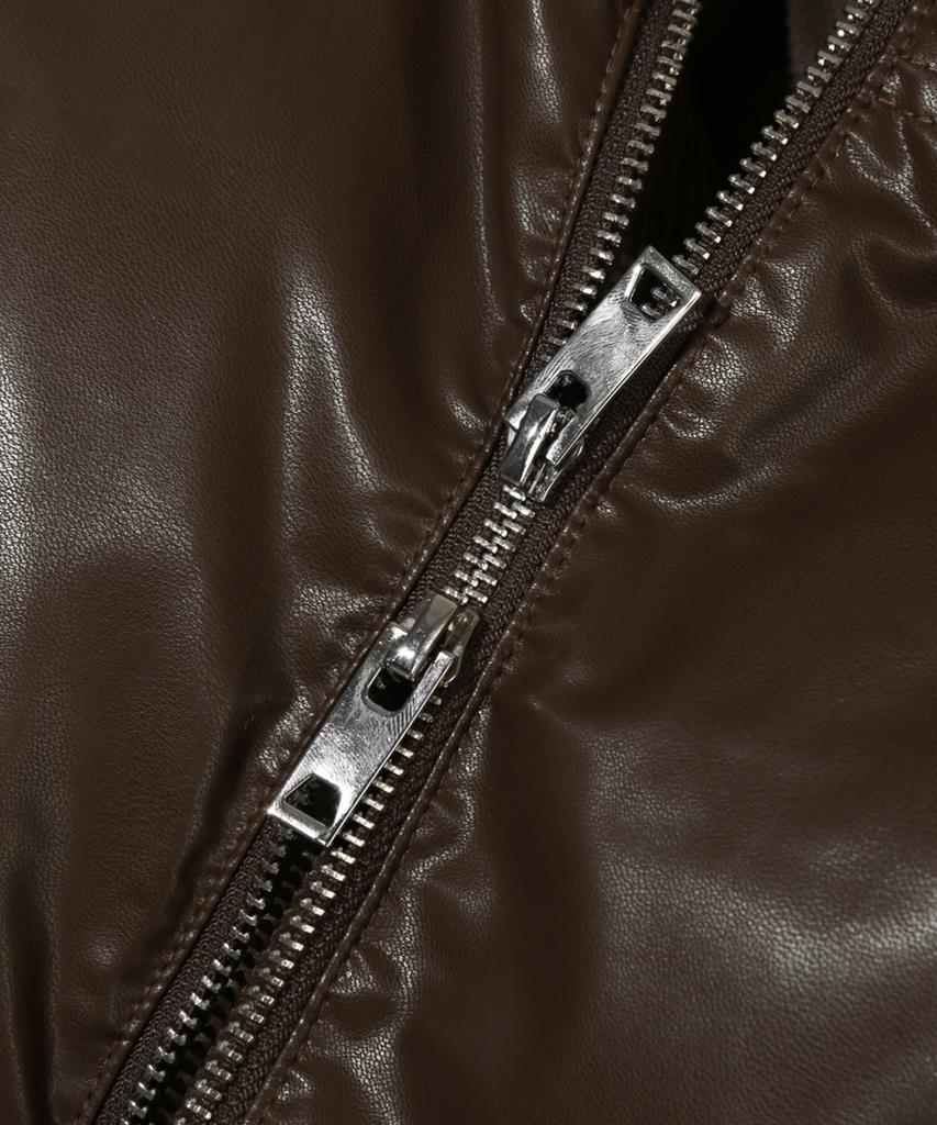 Trillion Biker Vegan Leather Short Padded Jacket (Brown)
