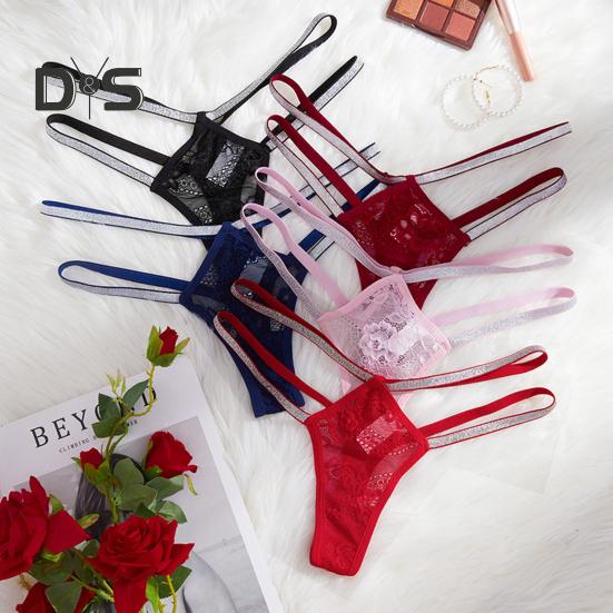 Sexy Women G string Thong Low Waist See through Sheer Hollow Floral Lace Rhinestone Straps Breathable Soft Ladies Underwear Brief Panties