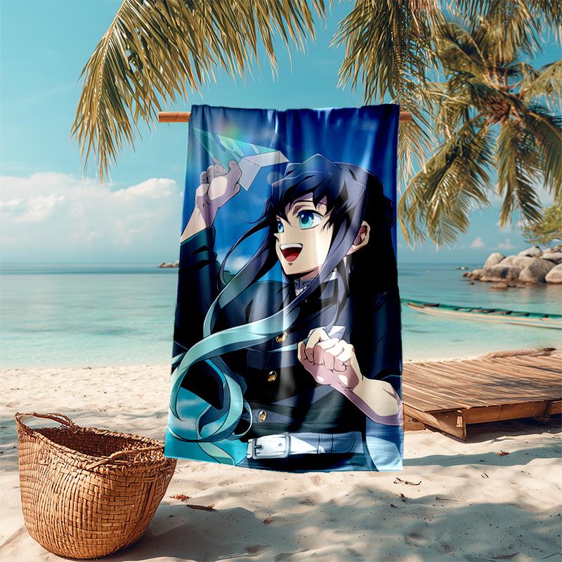 proof beach towel with Nezuko Demon Slayer Muichiro Tokito pattern - soft,absorbent,quick-drying,machine washable - perfect for swimming,camping,bathi