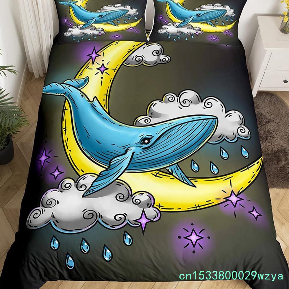 Katze Bettbezug Set Aquarell Wal Fischen Bettwäsche Set Ozean Meereswelle Bettdeckenbezug Marine Nautisch Themen Tagesdecke Bezug