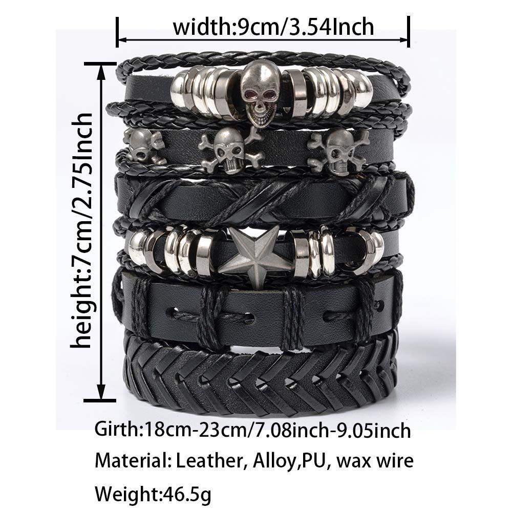 Men's Punk Skull Leather Bracelet Set Multi-Layer Gothic Rock Chain Bracelets Pentagram Charm Hip Hop Streetwear Badge Jewelry Accessories for Him