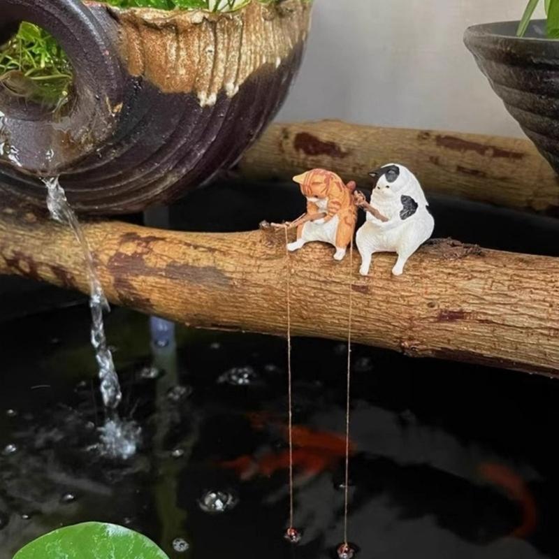 Funny Fishing Kitten for Aquarium Glass WallDecoration Landscaping Cute Kitten FishTank Cartoon Decors Statue Resin