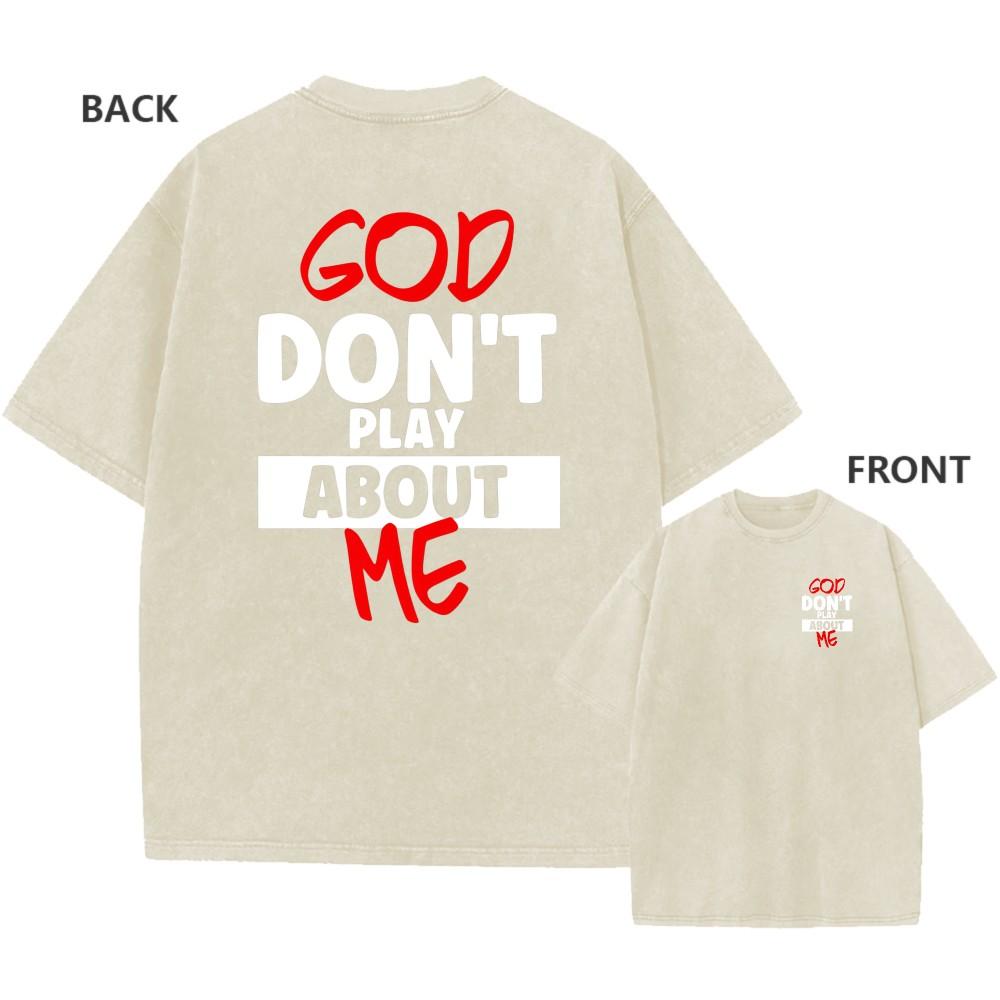Mens Vintage Oversized Washed TShirt Retro Faith God Dont Play Casual Tee