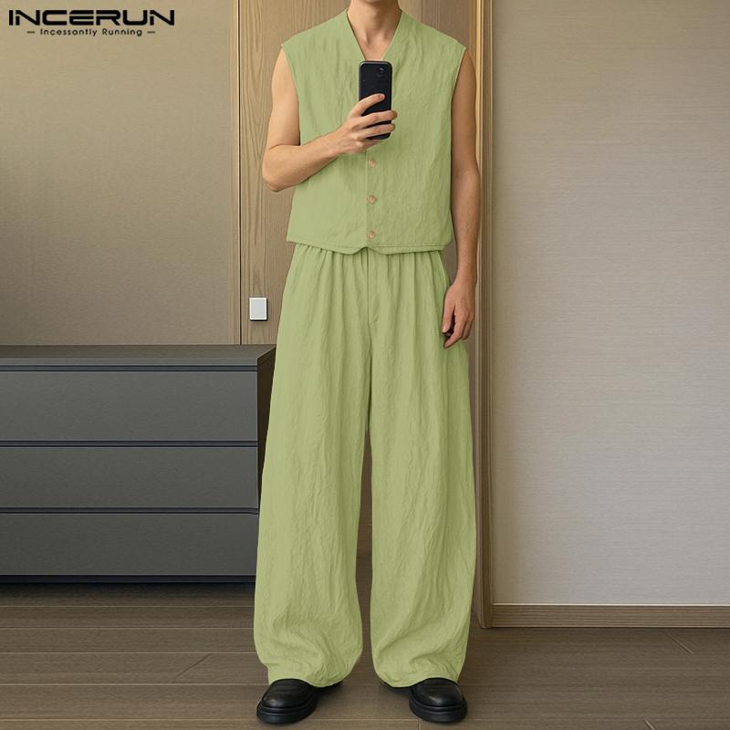 INCERUN Two Pieces Vintage Men Sleeveless Tops Long Pants Sets Outfits
