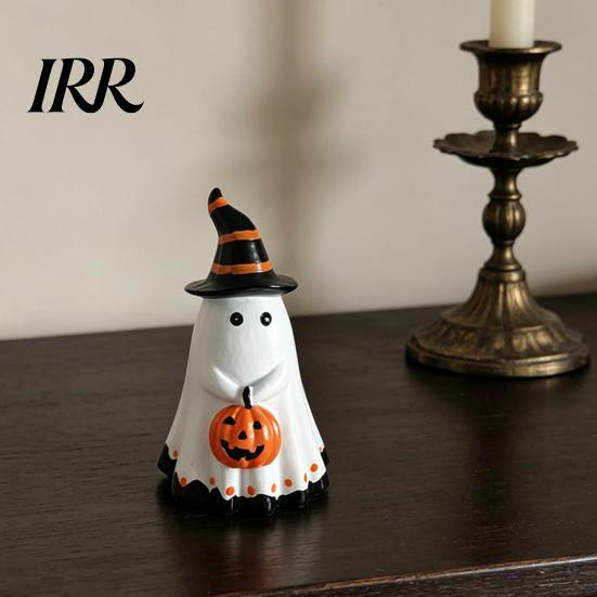 Unique Ghost Art Piece Halloween Figurine with Witch Hat, Cute Small Resin Decorative Holding Pumpkin Statue for Home Table Shelf Desk Decor