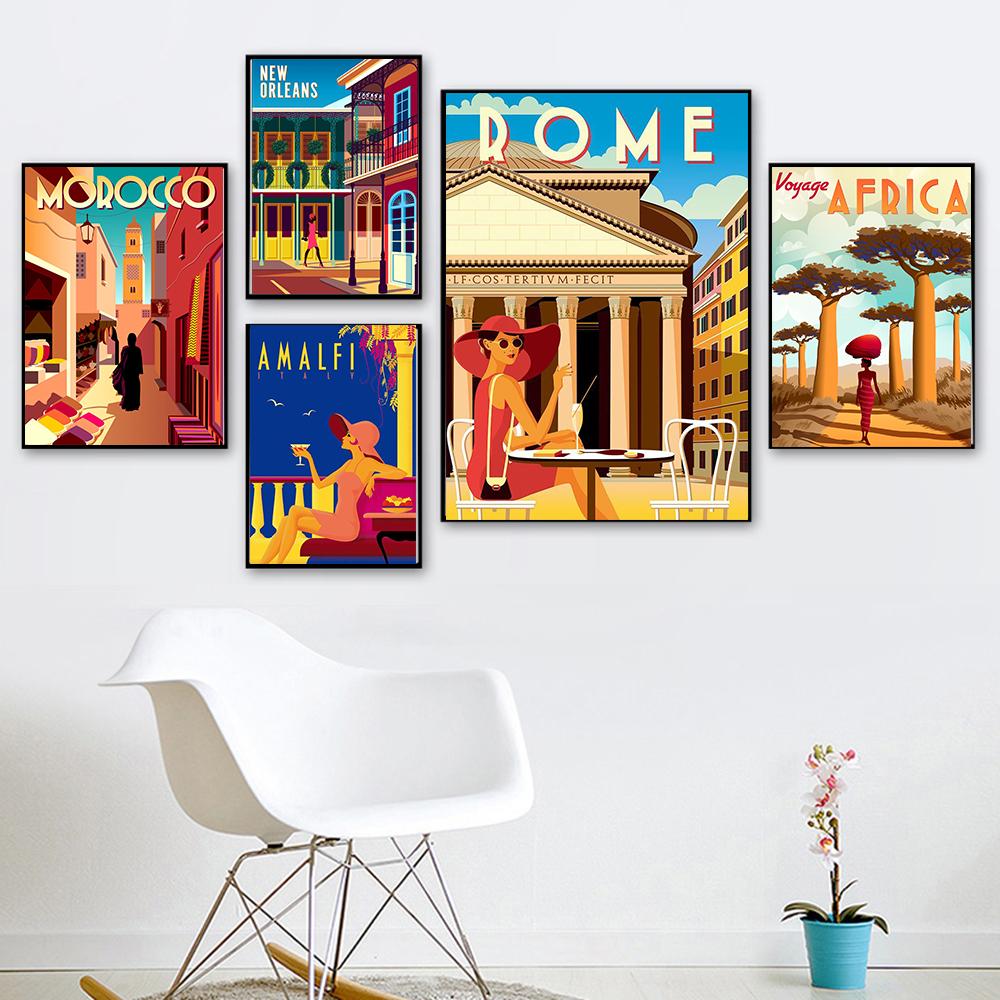 Italy Africa Morocco Travel Vintage Home Decoration Landscape Traditional Beach Poster Vintage