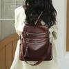 Women's Soft Leather Backpack Color Block Student Schoolbag Tassel Travel Bag