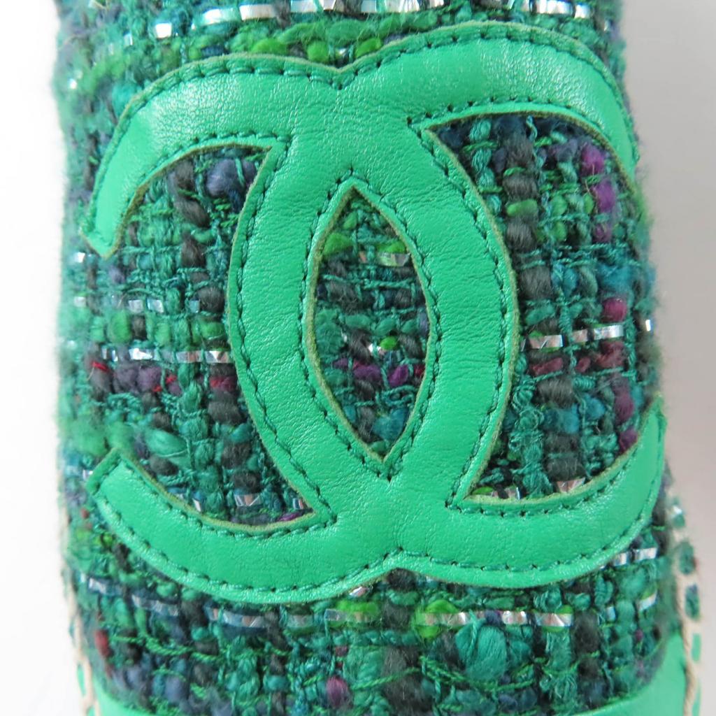 Excellent CHANEL Shoes COCO Mark Fabric Espadrilles Tweed Green Women 35 G29762 Used