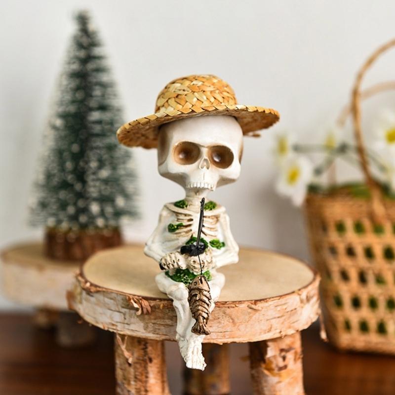 Miniature Resins Skeleton Fishing by Pond Intricate Detailing Figurine Gift for Collectors and Halloween Enthusiasts