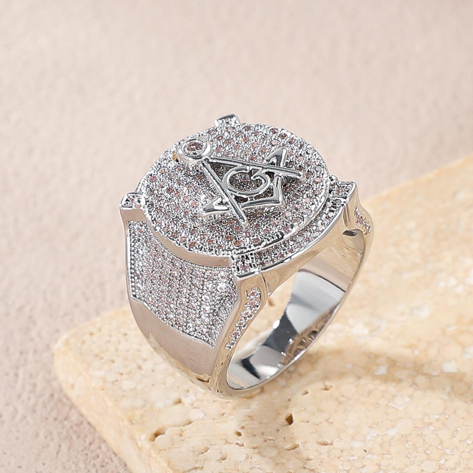 

European & American Hip Hop Freemason Symbol Diamond Ring – Trendy, Shiny 3D Badge Street Rap Finger Ring Size 9