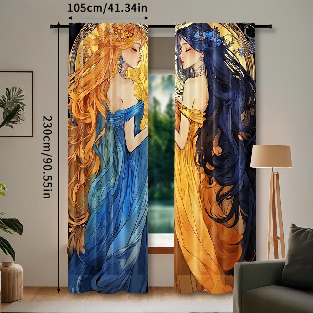 2pcs   Sun And Moon Printed Curtain for Home Decor Rod Pocket Window for Bedroom   Office   Kitchen   Living Room   And Study