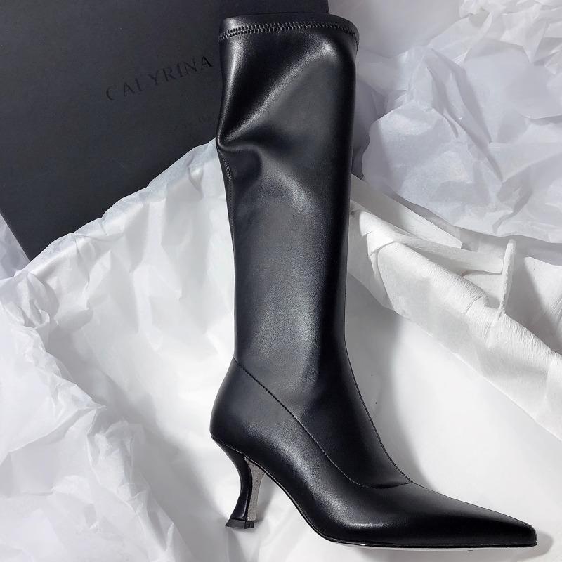 New Style Thin High Heel Women Boots Pointed Toe Women's High Tube Long Boots Zip Boots Mujer Solid Color Sexy Botas Mujer