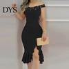 Sleeveless Dress Evening Off Shoulder Sheath Irregular Ruffle Hem Slim Fit Solid Off-the-shoulder Gown Color Faux Pearl Decor Midi for Party