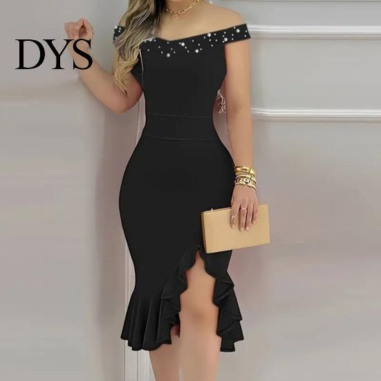 Sleeveless Dress Evening Off Shoulder Sheath Irregular Ruffle Hem Slim Fit Solid Off-the-shoulder Gown Color Faux Pearl Decor Midi for Party