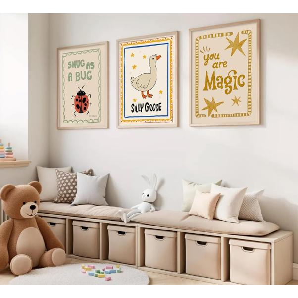 Silly Goose Nursery Canvas Wall Art Cute Animals ect Picture Wall Decor Trendy Magic Posters Snug As a Bug Rustic Farmhouse Painting Print Artwork